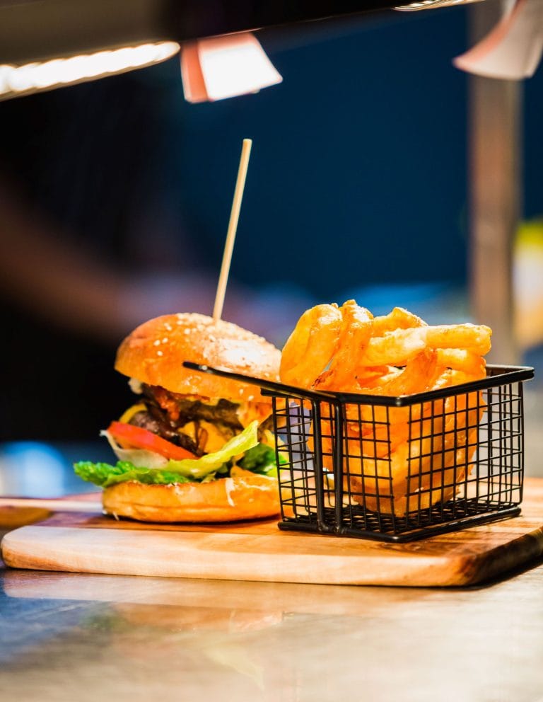 Burger with beer battered fries